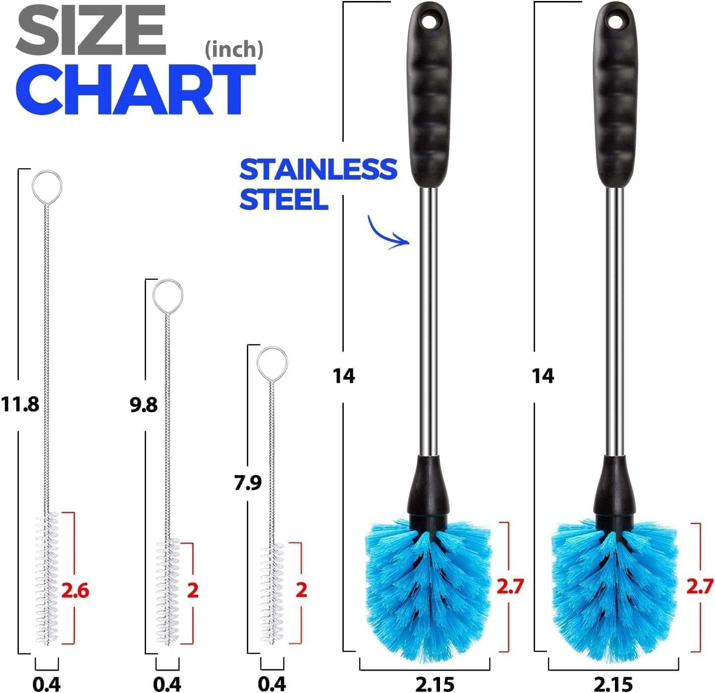 5 Pack Bottle Brush Cleaner Set, 14" Long Handle Stainless Steel Bottle Cleaner Brush, 3 Straw Brushes, Bottle Cleaning Brush for Water Bottle, Cups, Baby Bottle, Straws Blue