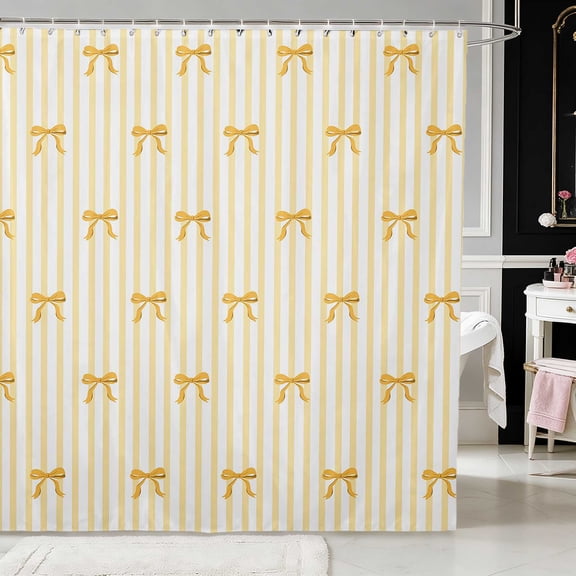 Erosebridal Sassy Satin Bow Ribbon Shower Curtain 72Wx72L for Girls, Romantic Floral Print Waterproof Bathroom Curtain