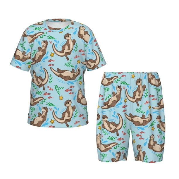 Balery Cute Otters Conjunto de Pijama Infantil de Manga Corta con Estampado – Ropa de Dormir de Algodón Suave-Medium