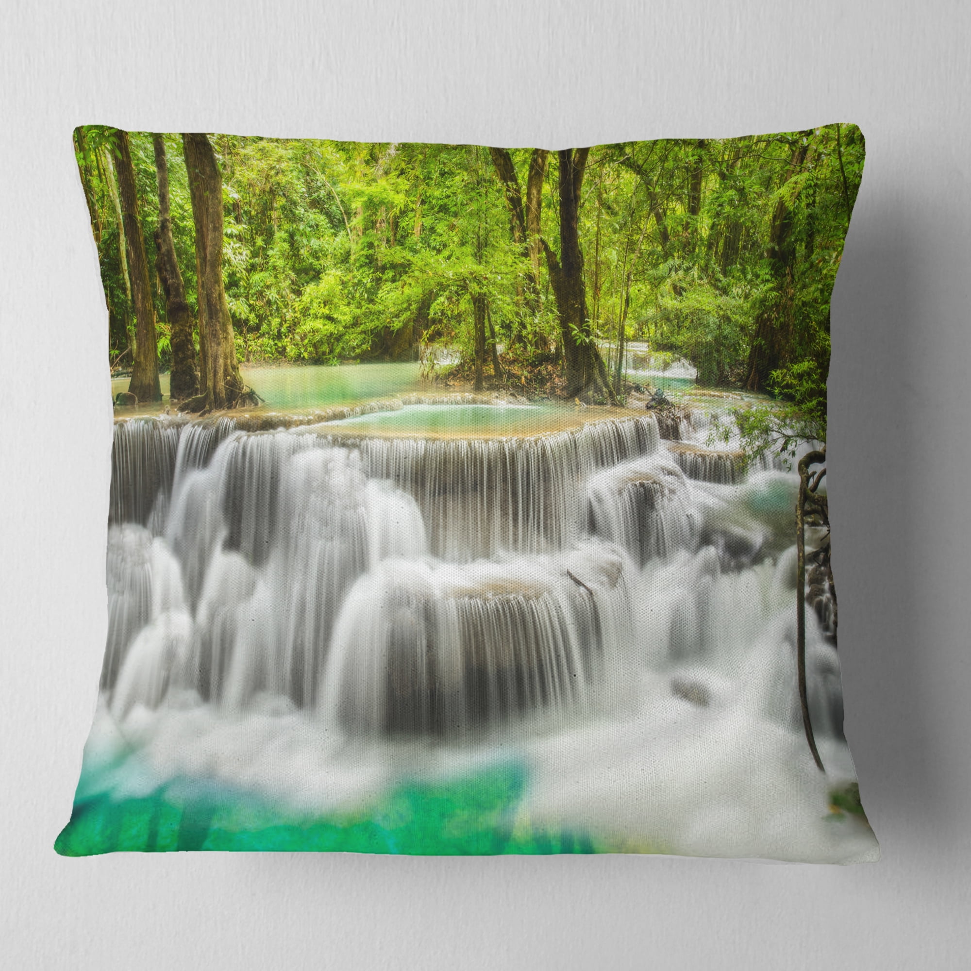 Designart Panoramic Erawan Waterfall - Landscape Photography Throw Pillow - 18x18