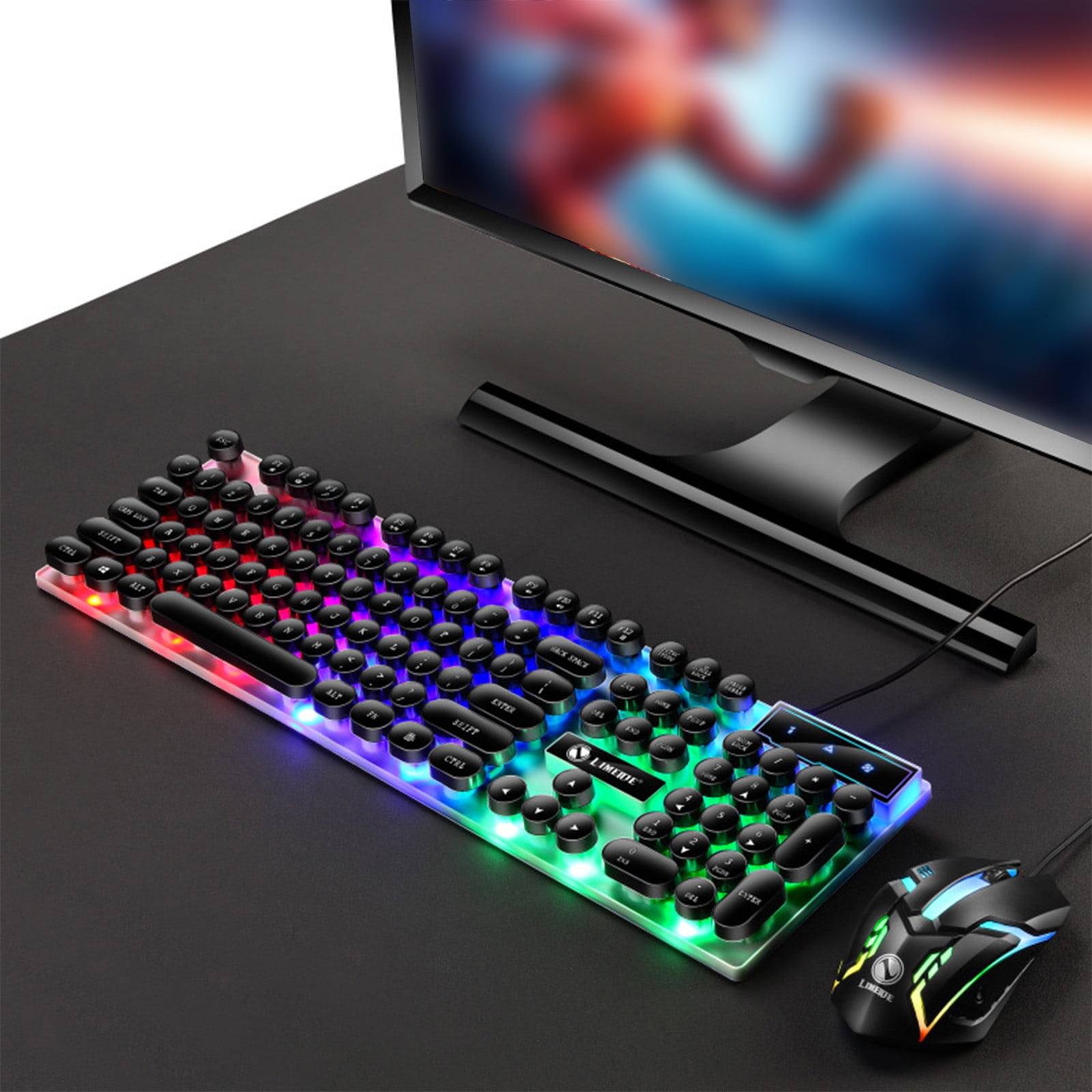Typewriter Mechanical Gaming Keyboard Mouse Set, with Rainbow Light, 104 Keys Retro Round Keycap, Wired Typewriter Style Comfortable Typing Soud