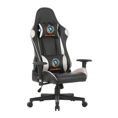 LCH Racing Style Computer Gaming Chair High-Back Adjustable Height PU Leather Executive Office Chair Ergonomic Surrounding Seat with Headrest and Lumbar Support, Silver and