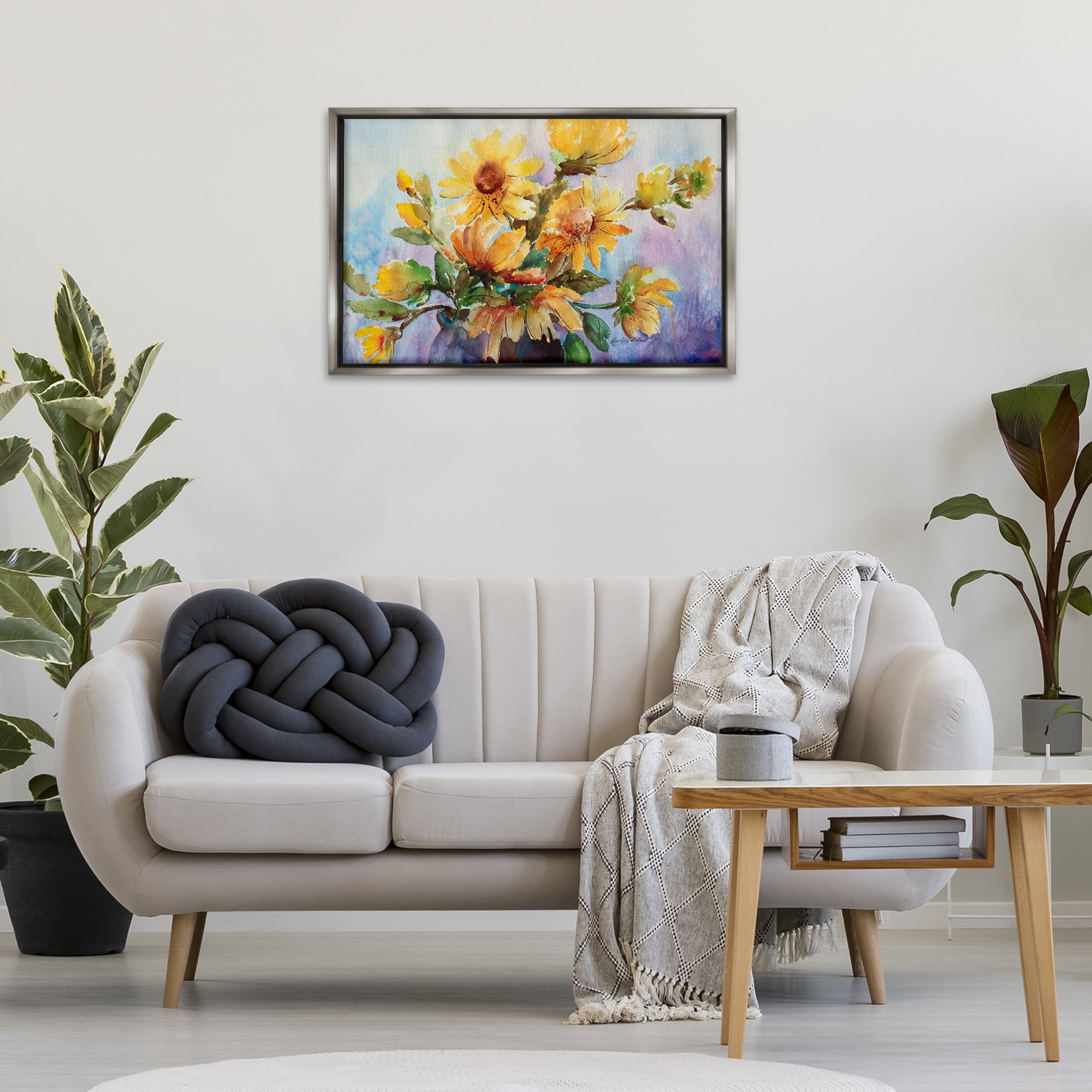 Stupell Industries Watercolor Daisies Vase Botanical & Floral Painting Gray Floater Framed Art Print Wall Art, 31 x 21