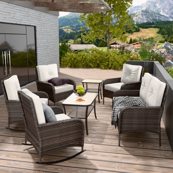 INTER HUT 7 Pcs Outdoor Wicker Rattan Conversation Patio Furniture Set, including 2 Rocking Chairs,2 Dining Chairs,1 Loveseat,1 Coffe Table and Side Table with Cushion, Blue