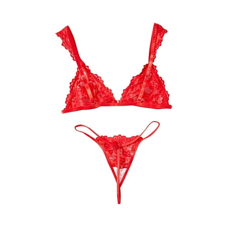 GENGING Lingerie for Women Women s Nightwear SexyTemptation Red Lace Bra Transparent Three Point Underwear Split Set