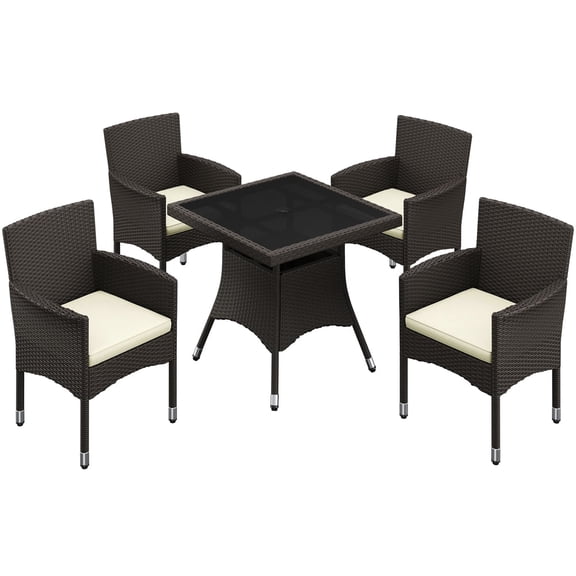Yaheetech 5-Piece Outdoor Rattan Dining Set with Glass Table & 4 Armchairs, Brown/Beige