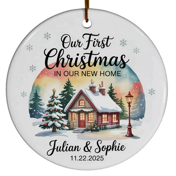 Custom Name Text Our New Home Ceramic Christmas Ornament 2025 - First Gifts for Newlywed Housewarming Date & Names Mr Mrs Married in, Circle Christmas Ornament