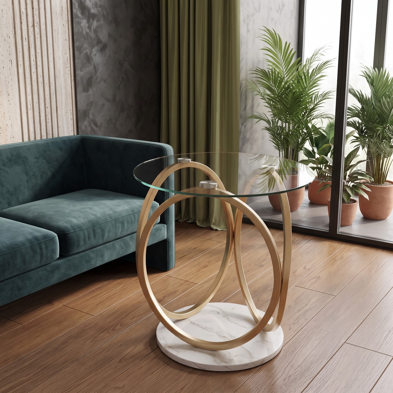 Furnibear Round End Table Faux Marble Side Table with Tempered Glass Tabletop, Modern Accent Nightstand Sofa Coffee Table with Metal Frame for Living Room Bedroom, Gold
