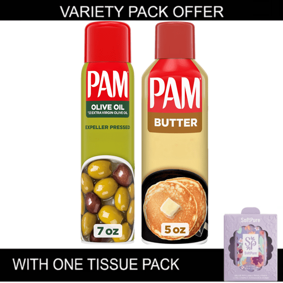 PAM Non-Stick Cooking Spray Variety Pack, Butter 5 oz & Olive Oil 7 oz, Includes 1 Tissue Pack