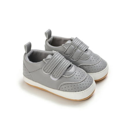 

Gomelly Newborn First Walking Shoes Magic Tape Flats Soft Sole Crib Shoe Lightweight Casual Sneaker Toddler Boys & Girls Unisex Baby Moccasins Gray 6-12 months