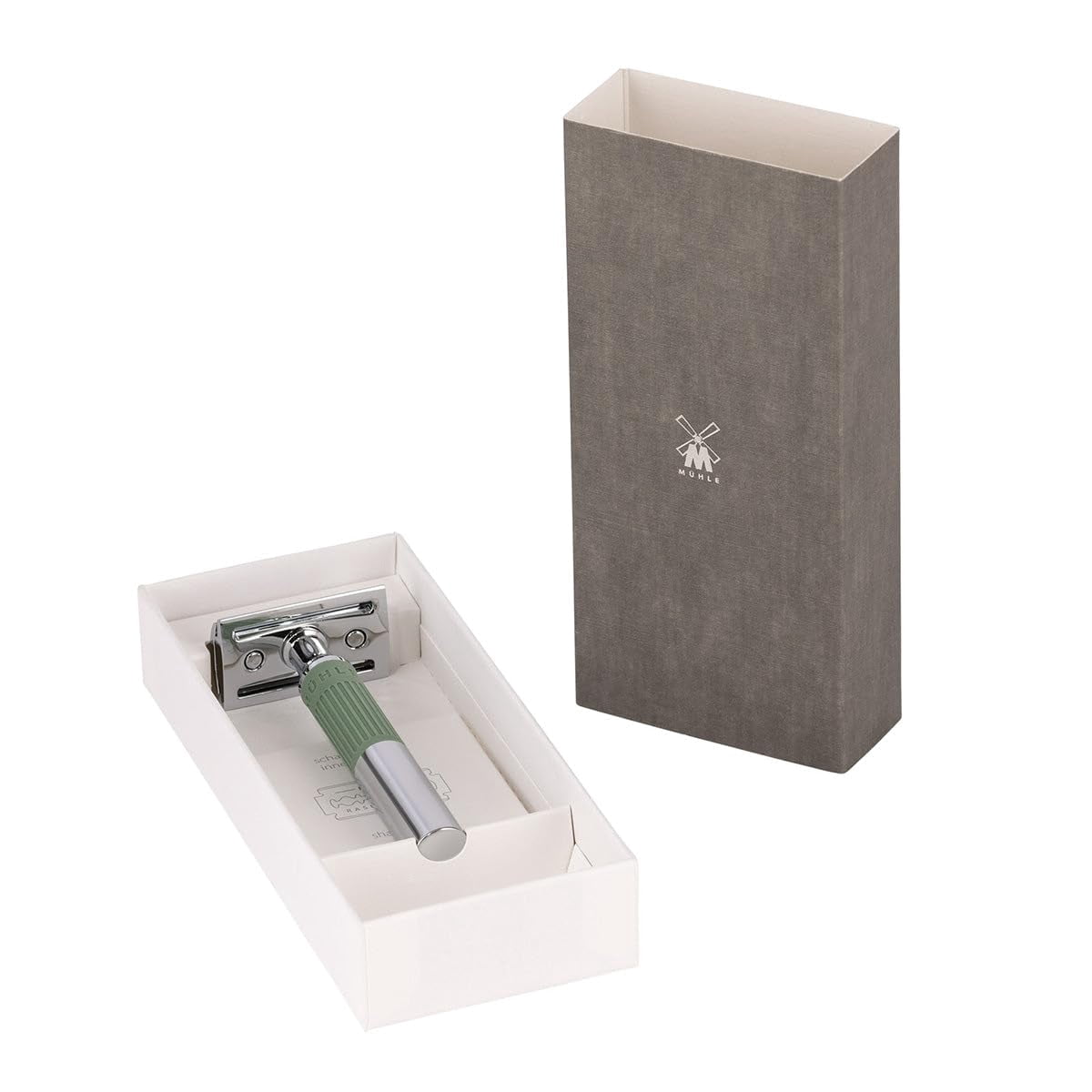 MÜHLE NEO safety razor|double edge safety razor for beginners and experienced shavers|sustainable eco-friendly and reusable|for men and women|chrome with sage green silicone grip handle