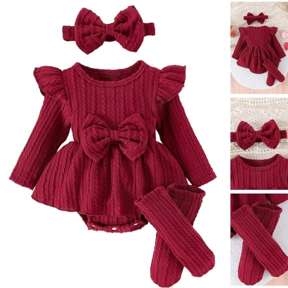 HJYCHN Kids Dress Long Sleeve Bow Romper Dress Set with Headband and Leg Warmers for Toddler Girl Outfit 3-6 Months
