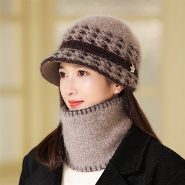 Conjunto de gorro y bufanda de invierno para mujeres de mediana edad y mayores, gorro y bufanda de pescador, protección para el cuello y bufanda de esquí, 2 piezas/conjunto, talla única