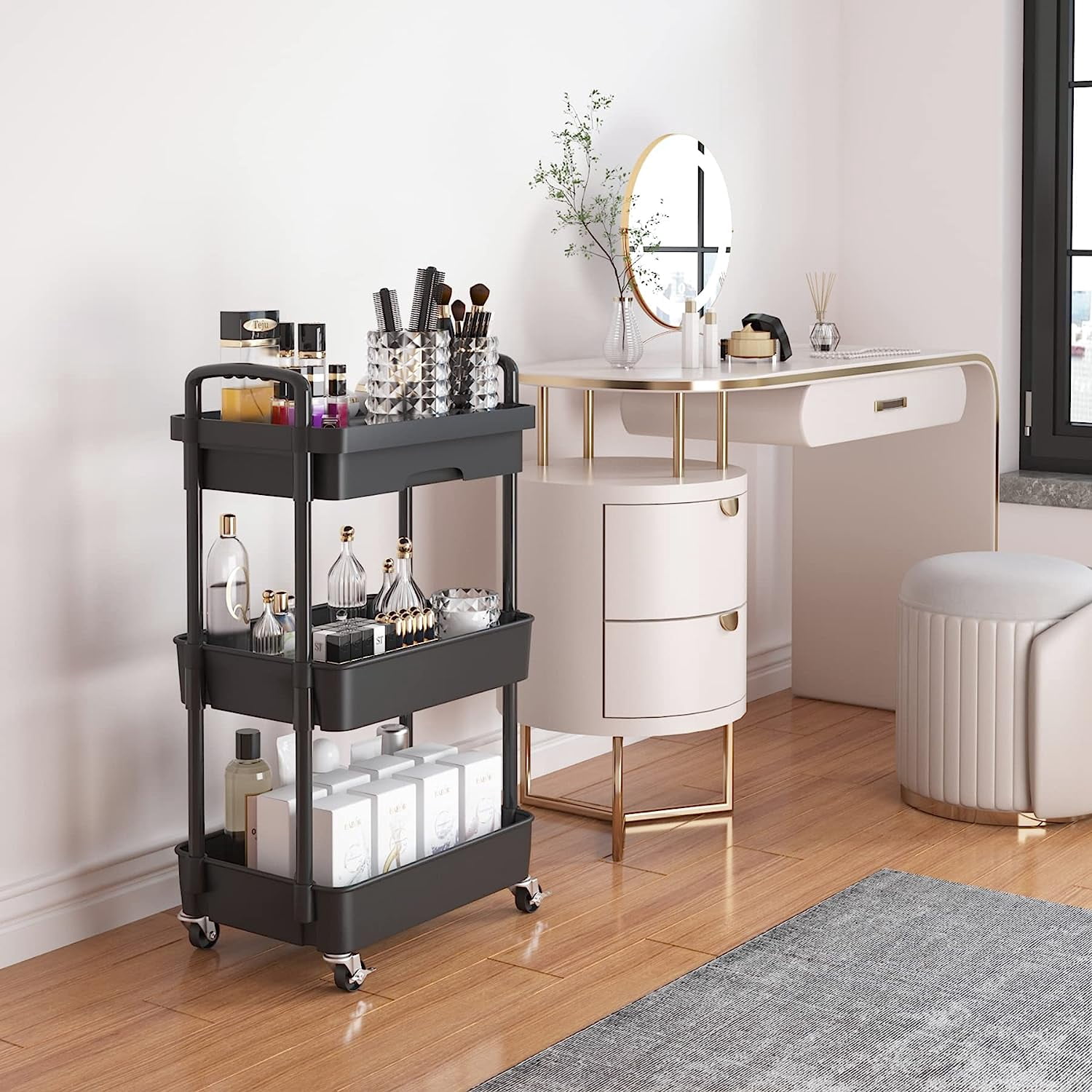 3-Tier Rolling Utility Cart with Drawer,Multifunctional Storage Organizer with Plastic Shelf & Metal Wheels,Storage Cart for Kitchen,Bathroom,Living Room,Office,Black