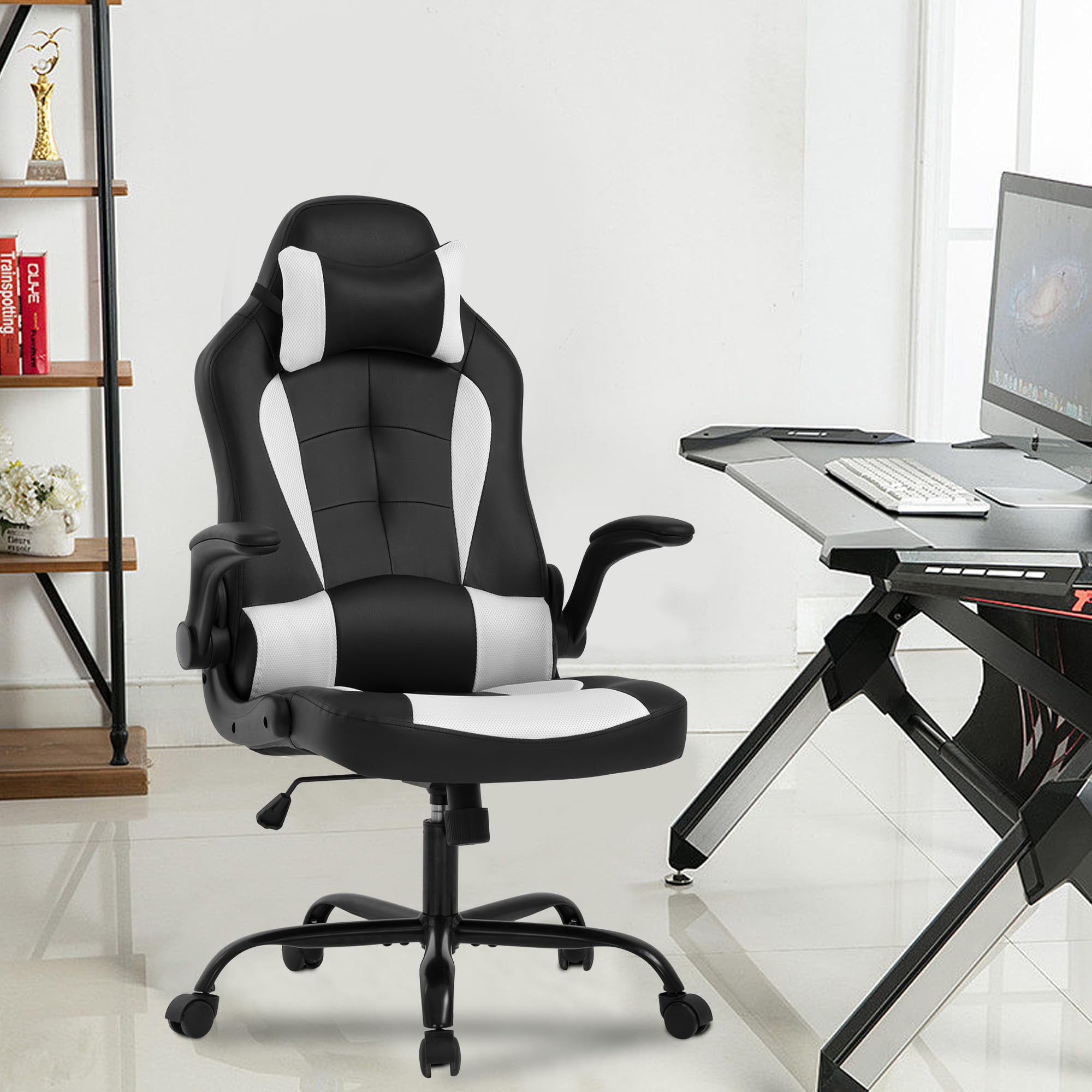 PayLessHere Gaming Chair - Ergonomic Office Chair w/ Lumbar Support, Adjustable Headrest & Arms, White