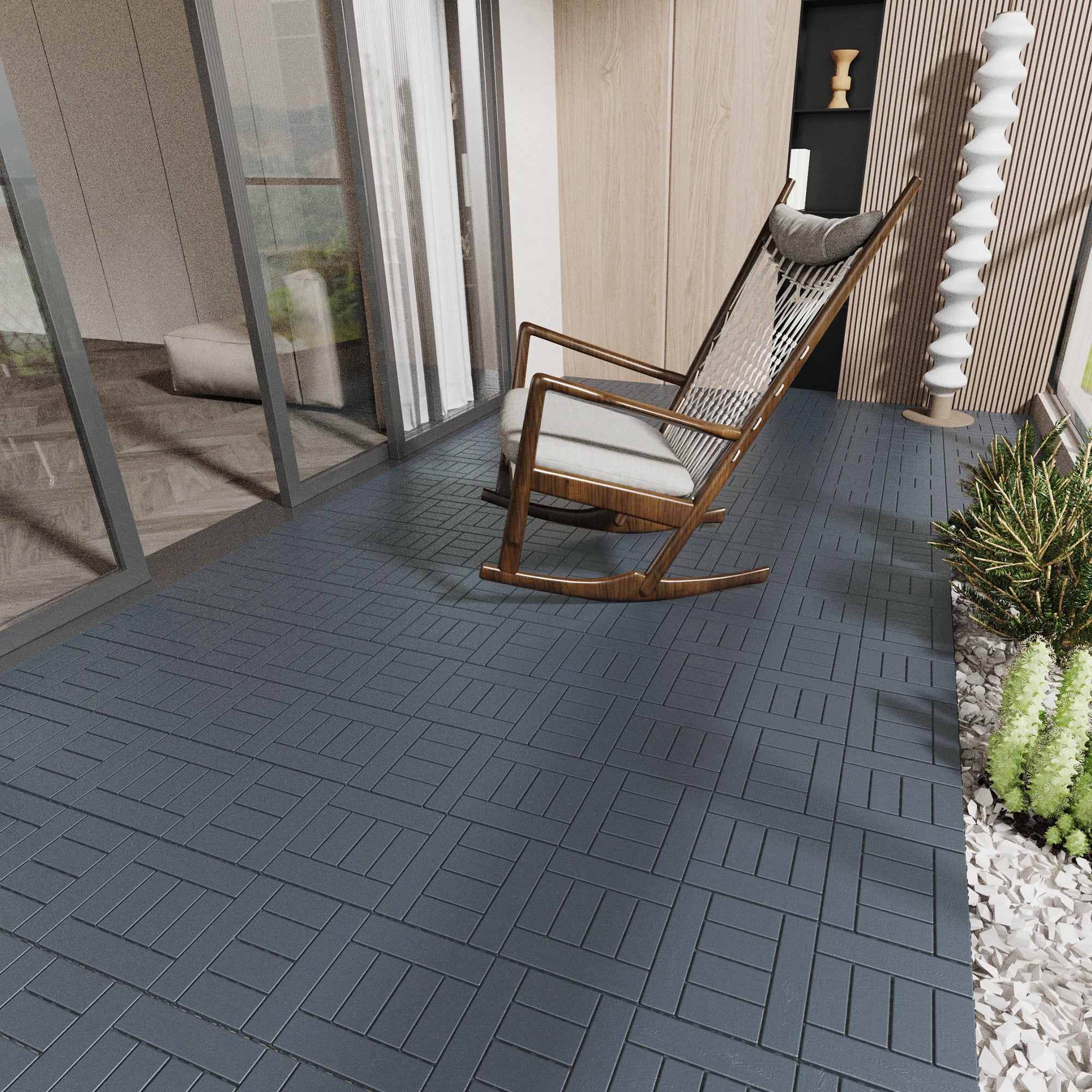 Miniyam 44 Pcs Interlocking Deck Tiles, 12" x 12", Polypropylene, for Outdoor Balcony Garden Gray