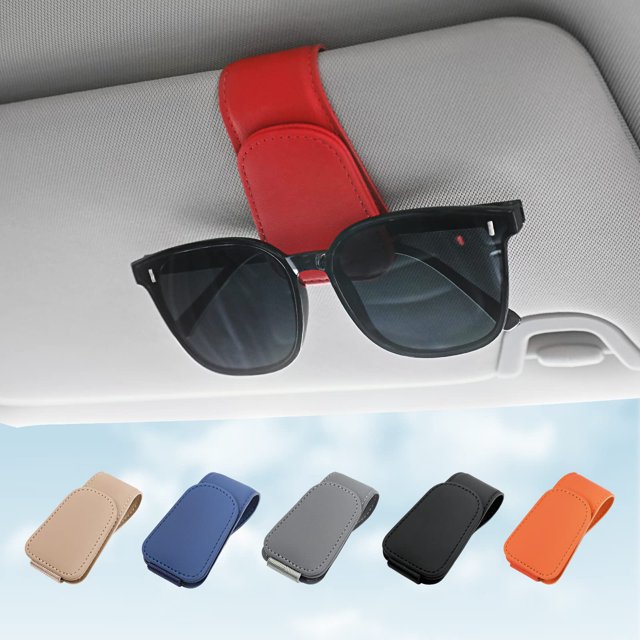 Porta gafas KanSmart magnético de cuero para parasol de auto, paquete de 2