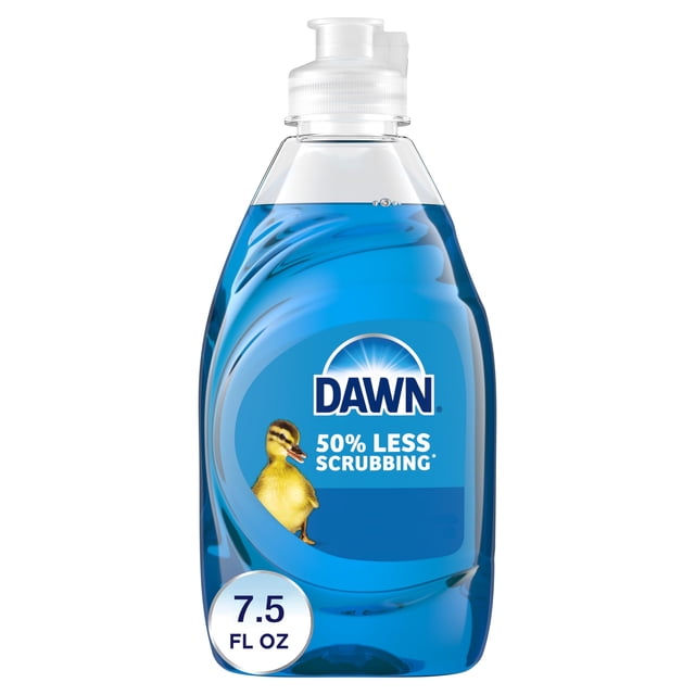 jabón para platos dawn ultra liquid original aroma 220 ml kosher botella frontal transparente con líquido azul y tapa dosificadora blanca; etiqueta con logo DAWN, rótulo visible 50% less scrubbing y marcador 7.5 fl oz (220 ml).