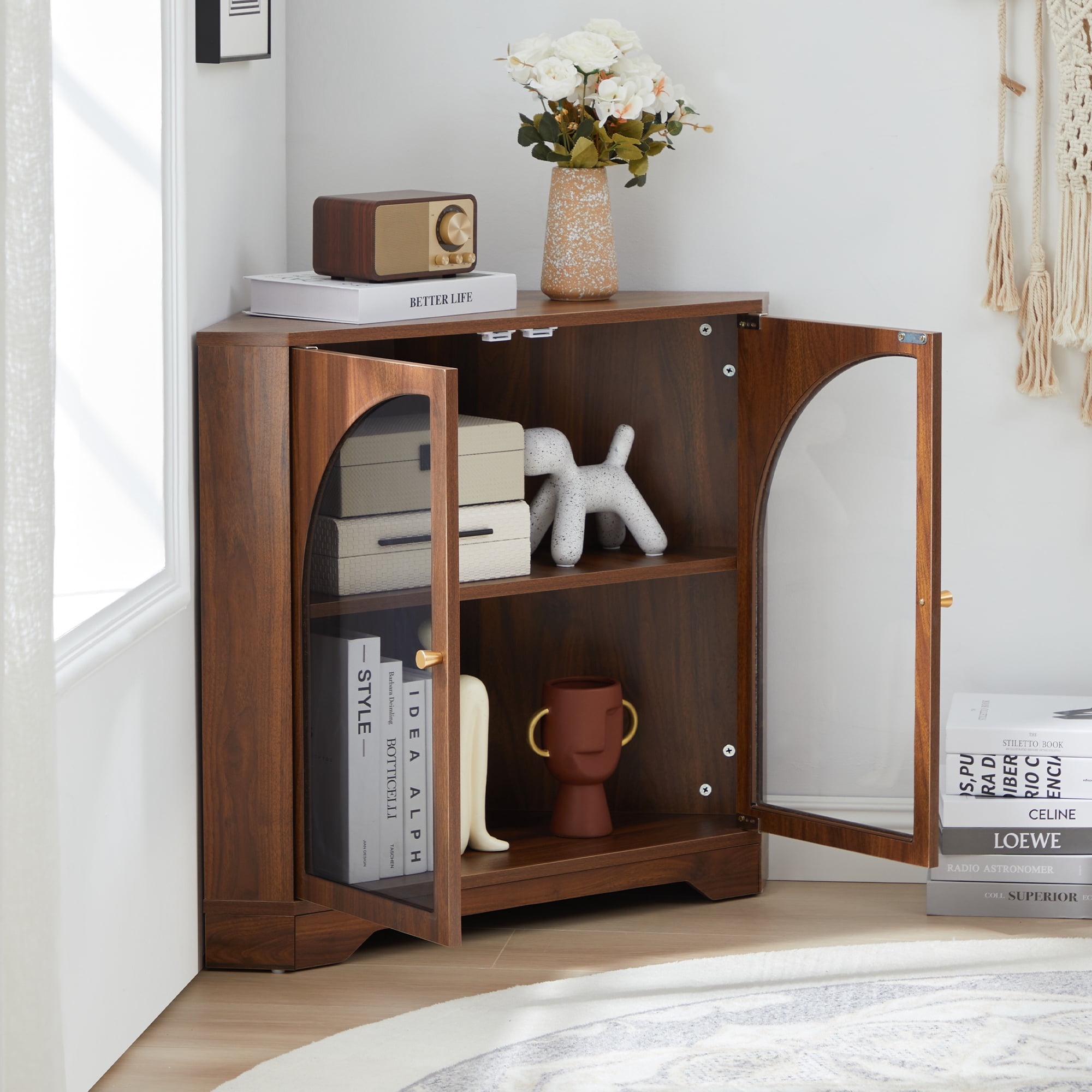 Weselon Mid Century Small Corner Storage Cabinet with 2 Glass Doors, Brown