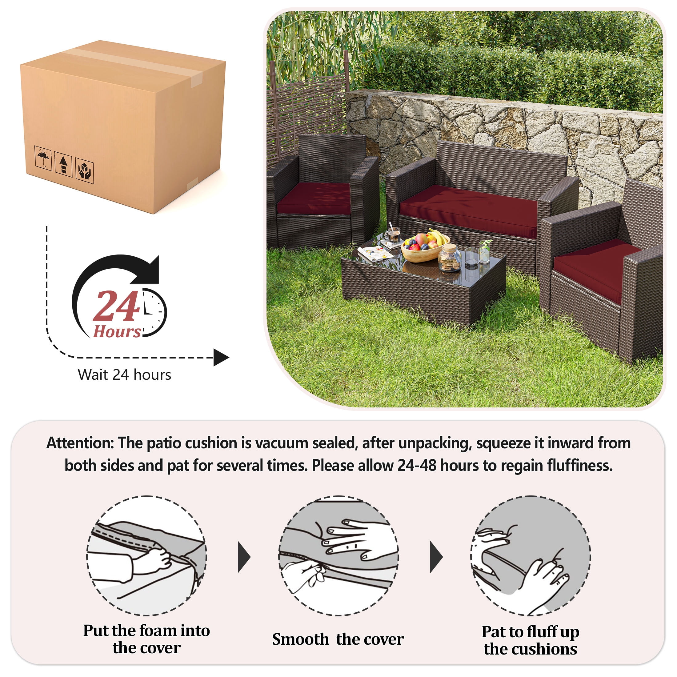 Snubbull 3 Pack Loveseat Cushion Set, 36" x 18" x 3" Waterproof Outdoor Chair Replacement Cushions for 4-Seater Wicker Rattan Patio Furniture, Burgundy