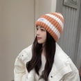 thumbnail image 3 of Beanie Hats for Men Women, Vertical Stripes Thick Two-Color Knitted Hat Double-Color Fabric for Winter-Orange, 3 of 6