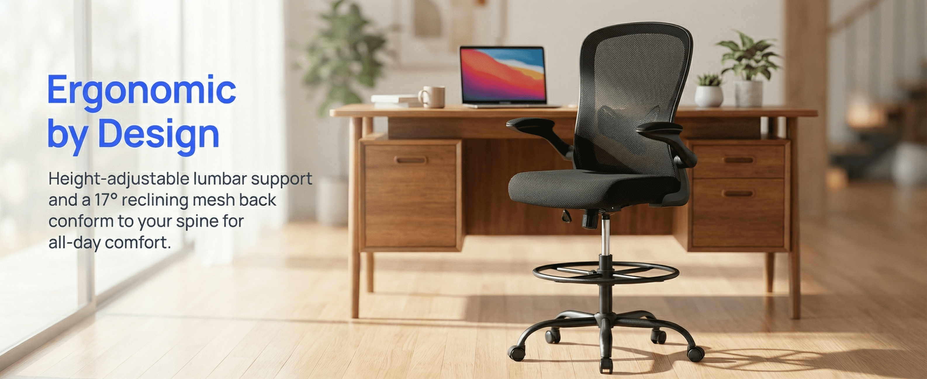 Kyspho Tall Drafting Chair with Flip-Up Armrests, Adjustable Foot Ring, Ergonomic High Office Chair with Lumbar Support, Height-Adjustable Standing Desk Chair