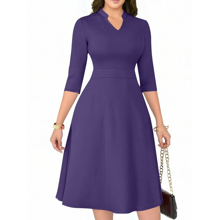 Wyobmus Casual Midi Dress for Women A-Line Semi Formal Fit and Flare Dress  3/4 Sleeve V Neck Cocktail Wedding Guest Work Dress with Pockets Purple -  Walmart.com