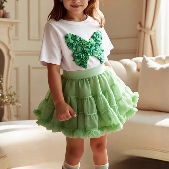 Girls 3D Butterfly T-Shirt and Tutu Skirt Set, European Style Two-Piece Princess Dress with Puffy Skirt, Cute Toddler Birthday Party Outfit, Round Neck Short Sleeve Top Green 100