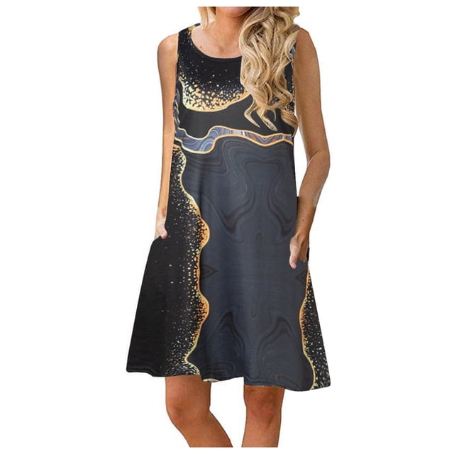 EQWLJWE Robe Longue pour Femmes Mode Femmes Sans Manches Col Rond Été Confortable Imprimé Poches Décontractée Ample Robe Débardeur