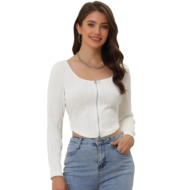 Camiseta Corta Casual para Mujer con Cuello en V y Mangas Largas con Cremallera blanco XS