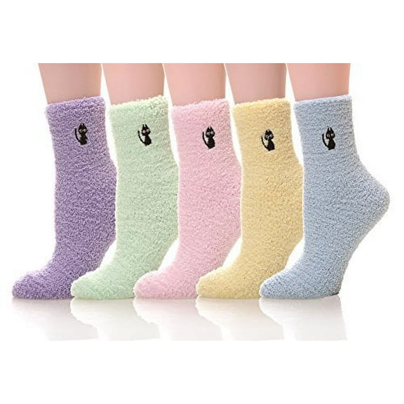 MQELONG Womens Super Soft Fuzzy Cozy Home Sleeping Socks Microfiber Winter Warm Slipper Socks (5 Pairs Cat)