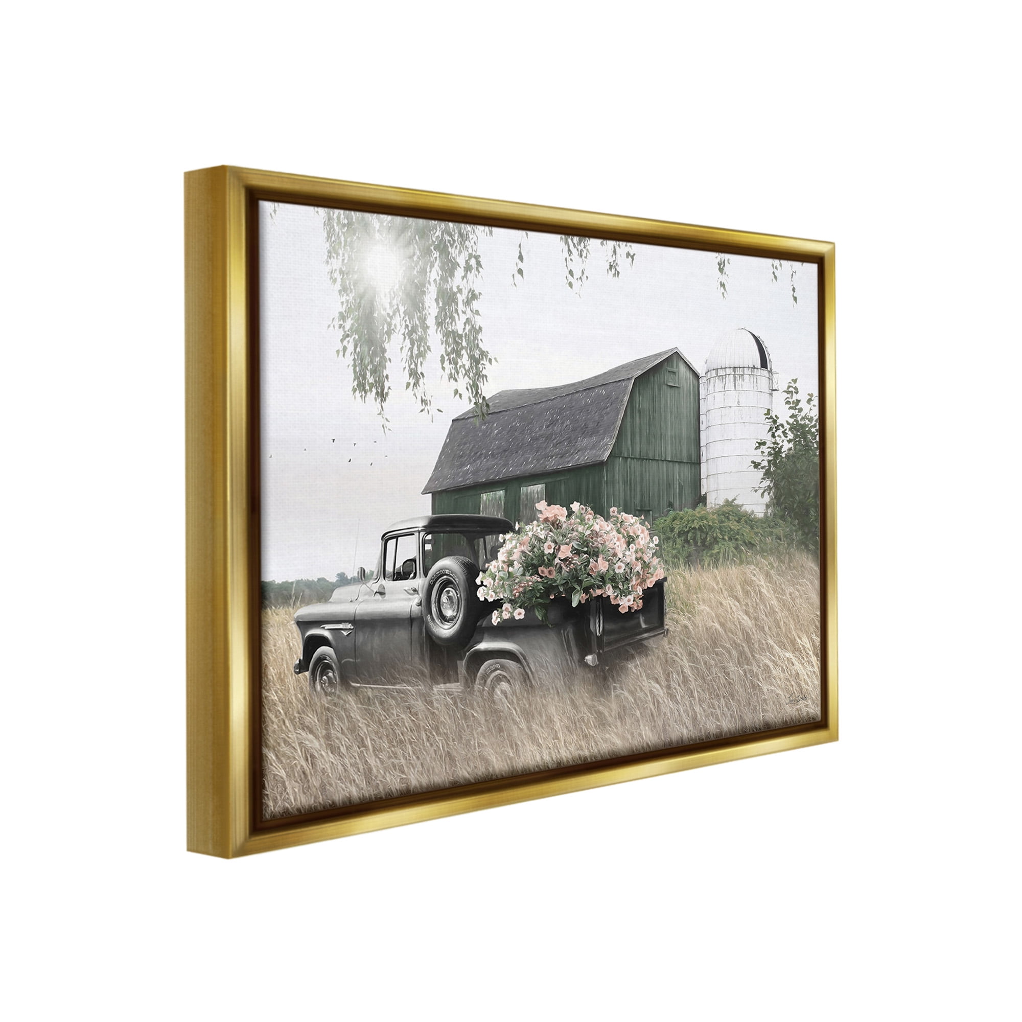 Stupell Industries Barn & Truck with Florals Landscape Photography Gold Floater Framed Canvas Art Print Wall Art, 31 x 25