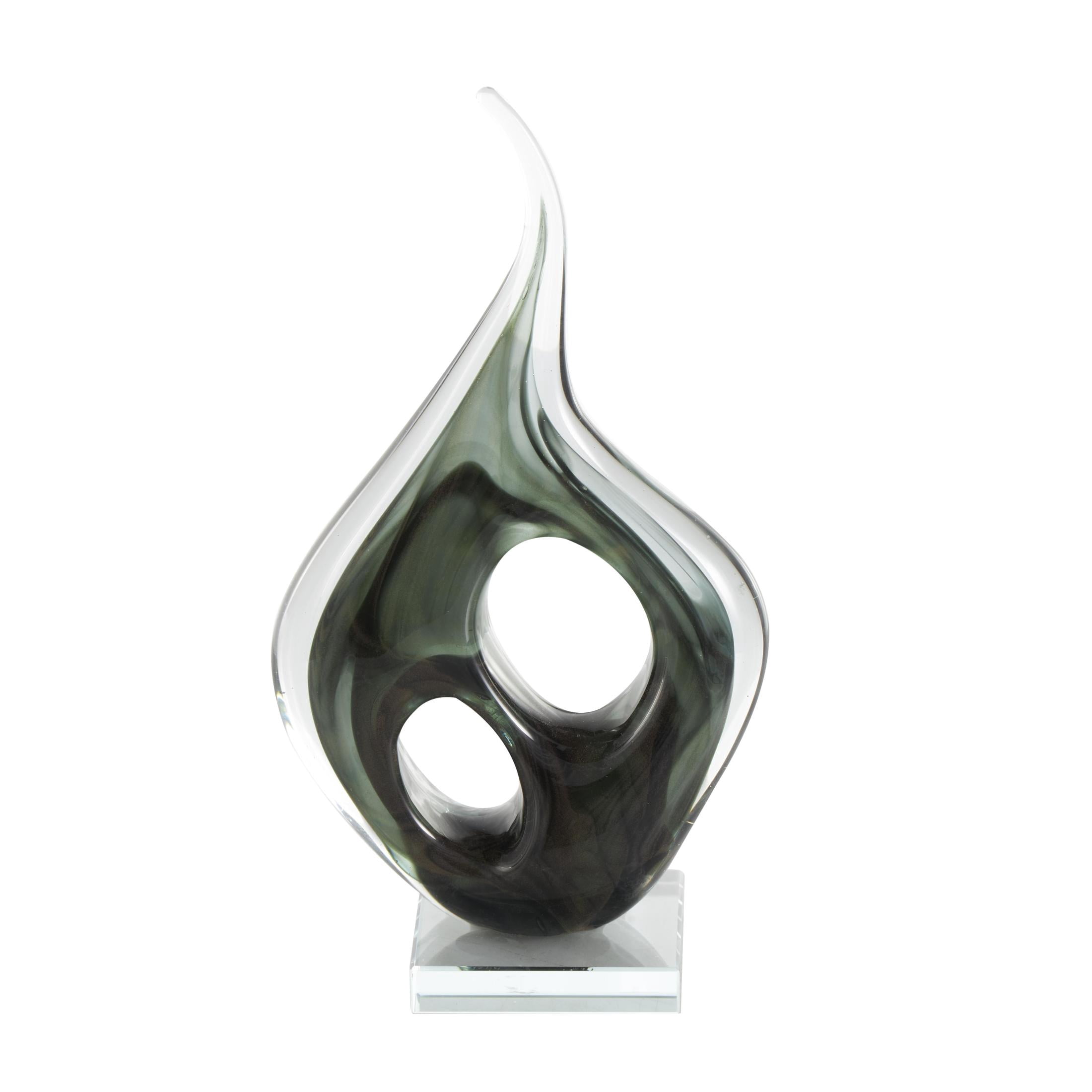 7" x 13" Green Glass Curved Cutout Abstract Sculpture with Swirl Patterns, by DecMode