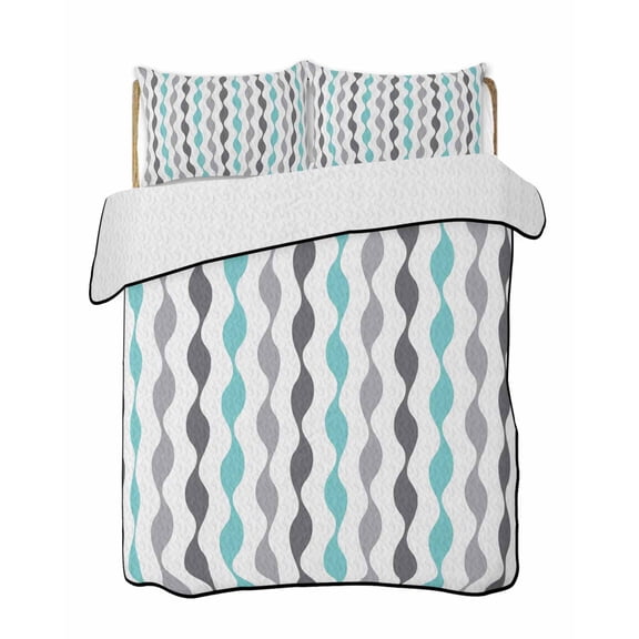 Quilts Twin-XL Size Bedding Set, Teal Grey Striped Lightweight Quilted Comforter, Modern Abstract Geometric Stripes Soft Reversible Bedspread Coverlet with Pillow Covers for All Season, 68" x 98"