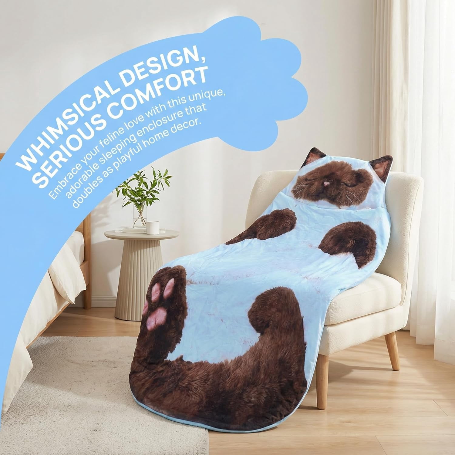 Adult Soft Sleeping Bag – Plush Cat Envelope Sleeping Bag for Camping, Sleepovers & Home Lounging, Washable Warm Blanket 68.9x31.5 (cat D)