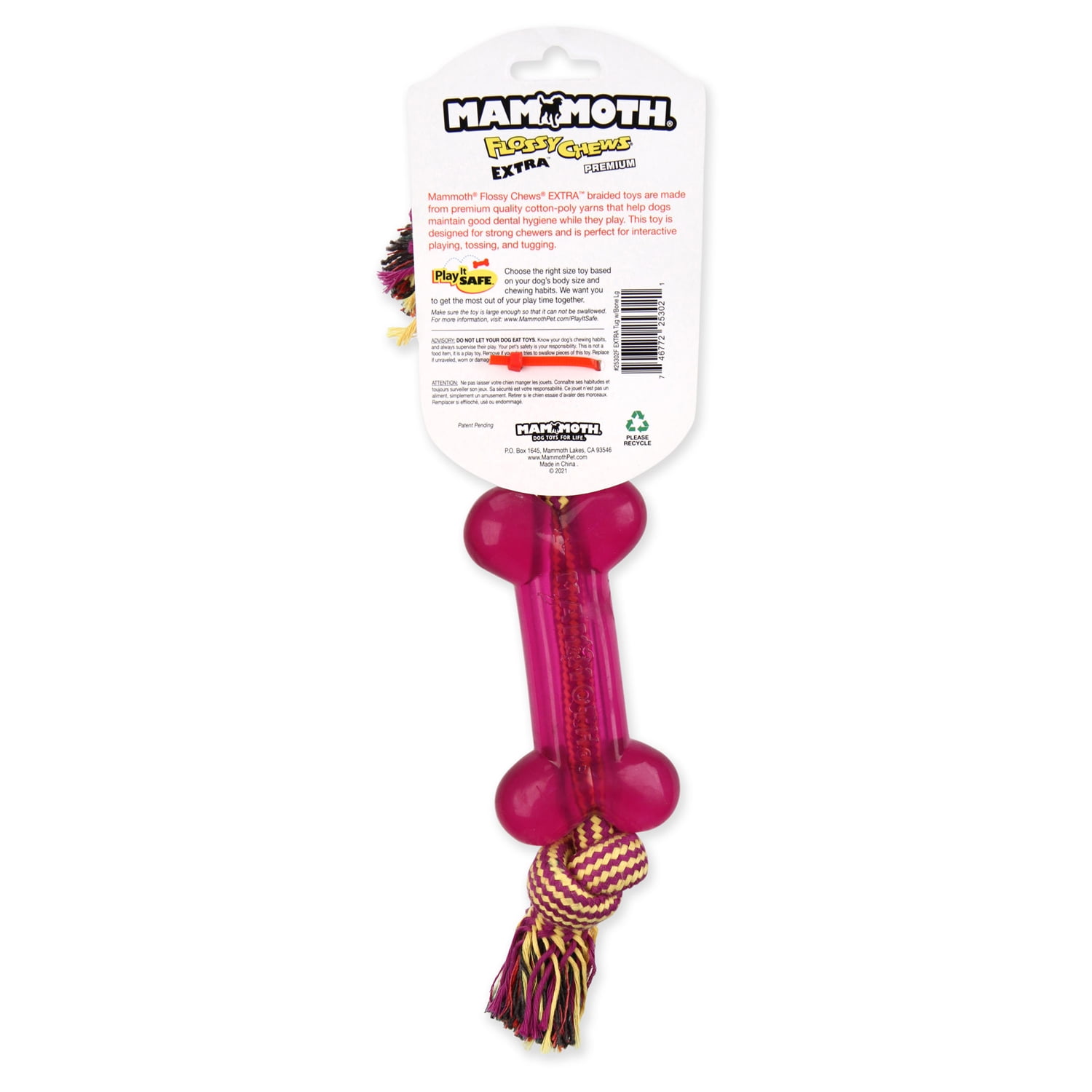 Mammoth Flossy Chews 2 Knot Rope Tug Dog Toy with TPR Bone, Large, 12"