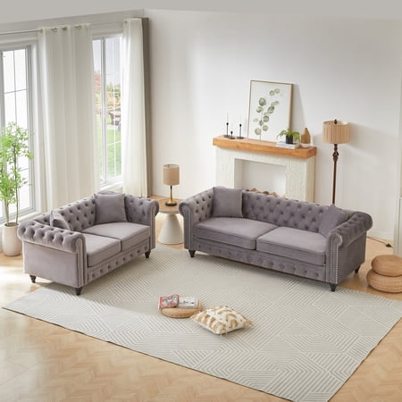 Velvet 2-Piece Living Room Set 3-Seater Chesterfield Sofa and Loveseat with Rolled Arms and Nail Modern 5-Seater Tufted Cloud Couch for Living Room Gray