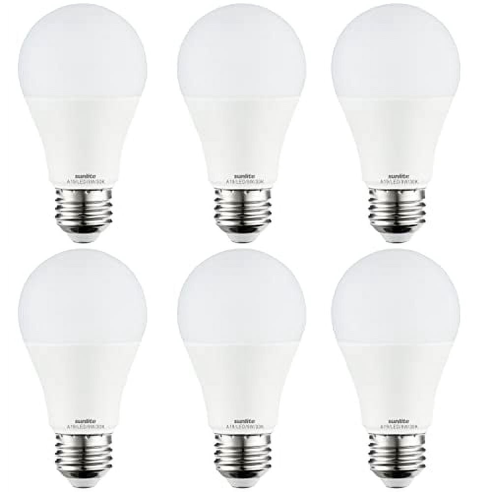 Sunlite LED A19 Standard Household Light Bulb, 9 Watts (60W Equivalent), Medium E26 Base, Dimmable,UL Listed, 3000K Warm White, 6-Pack