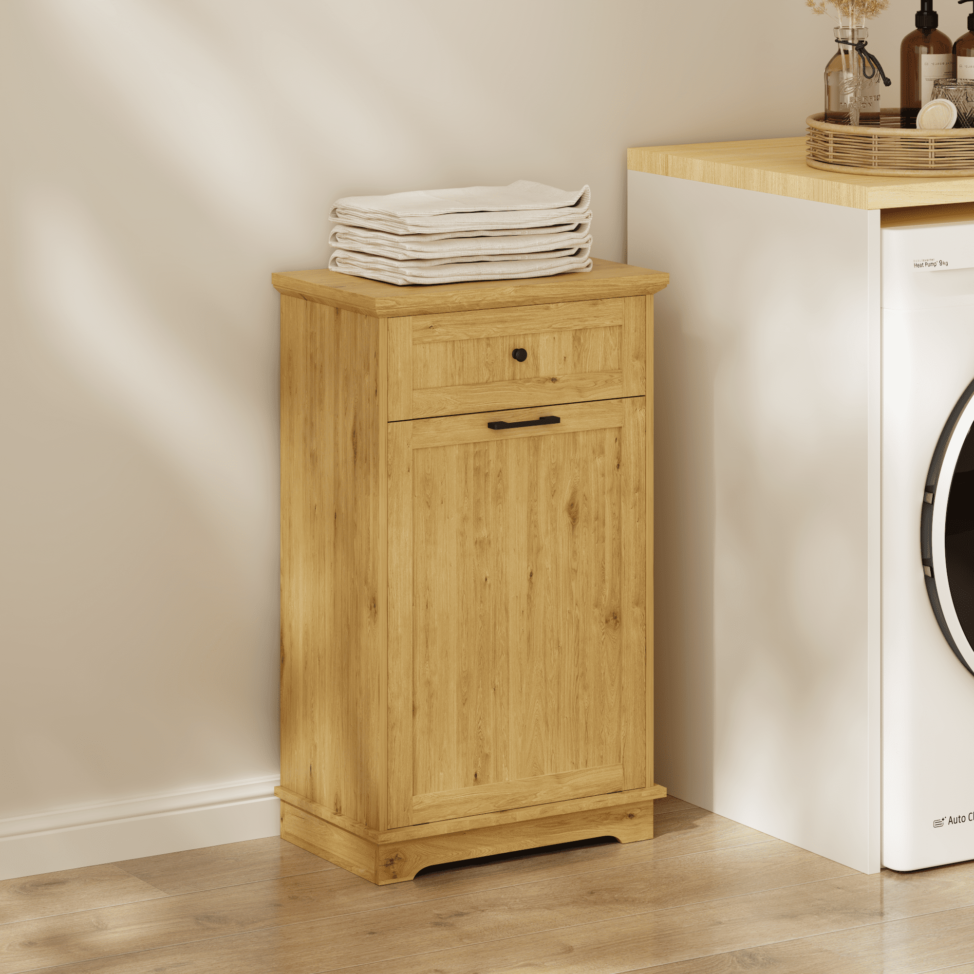10 Gallon Tilt Out Trash Cabinet Freestanding Trash Bin Cabinet Wood Garbage Recycling Cabinet with Hideaway Drawer Pet Proof Trash Can Holder for Kitchen Living Room, Natural (not include can)