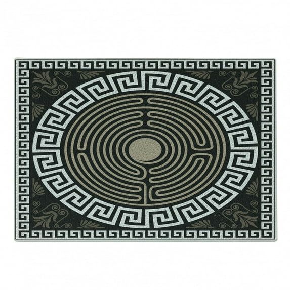 Greek Key Cutting Board, Grecian Fret and Wave Pattern on Dark Background Antique Retro Swirls, Decorative Tempered Glass Cutting and Serving Board, Small Size, Dark Brown Coconut Tan, by Ambesonne