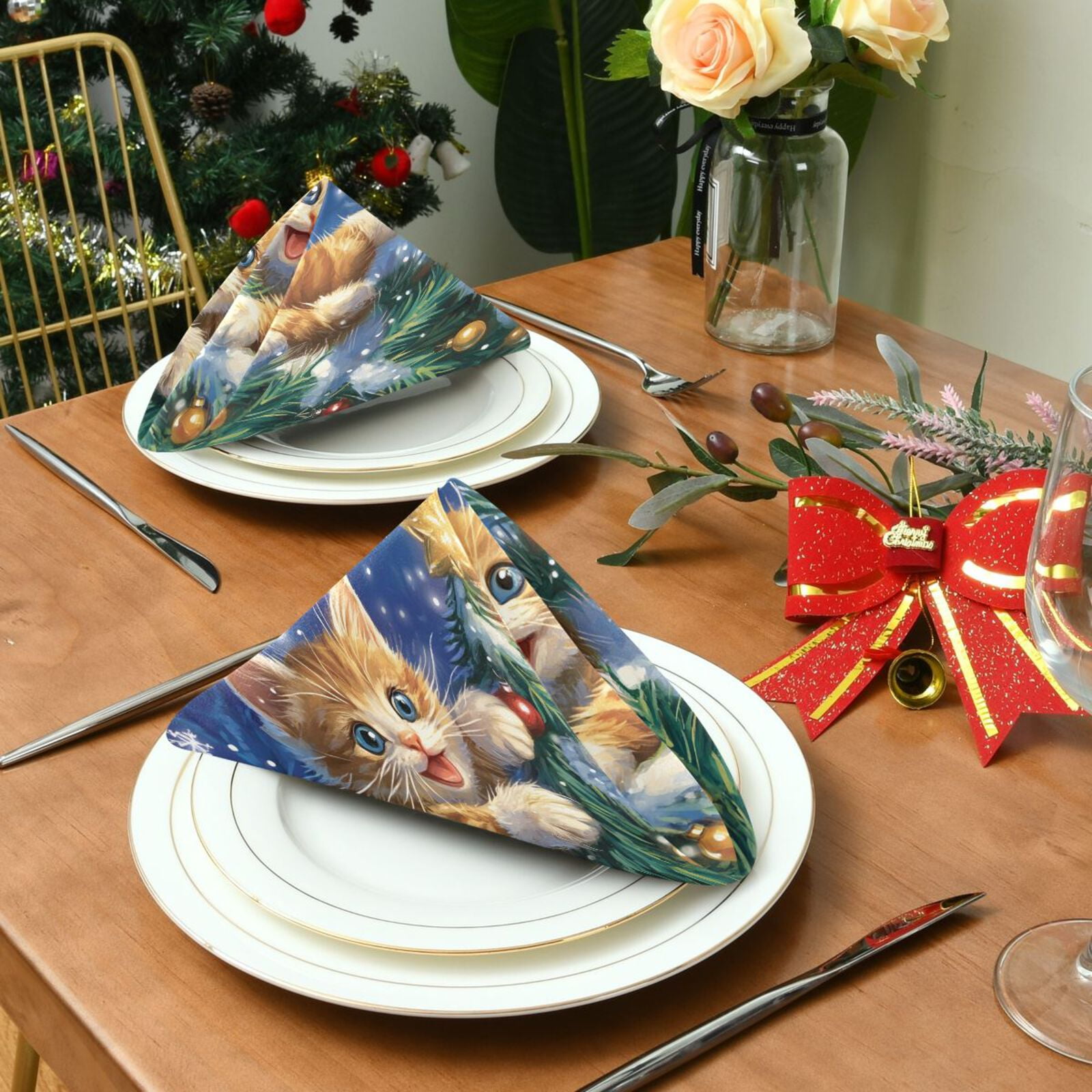 JSTEL Christmas Tree Cat Cloth Napkins Set of 6, 20x20 Inch Washable and Reusable Napkin for Decoupage Dinner Party Everyday Use