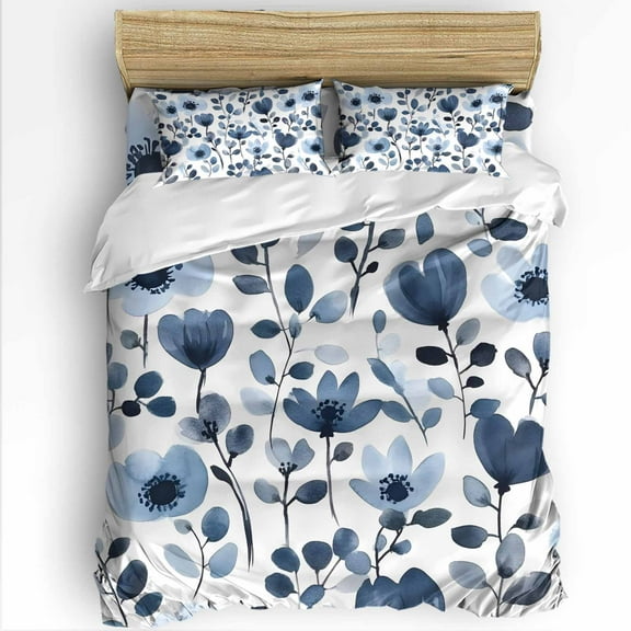 Blue Flower Twin Size Comforter Set, Retro Spring Watercolor Floral Soft Bedding for All Seasons, 4 Pcs Bed Set with 1 Comforter (68"x86") ,1Sheet(66"x116"), 2 Pillowcases (19"x29")