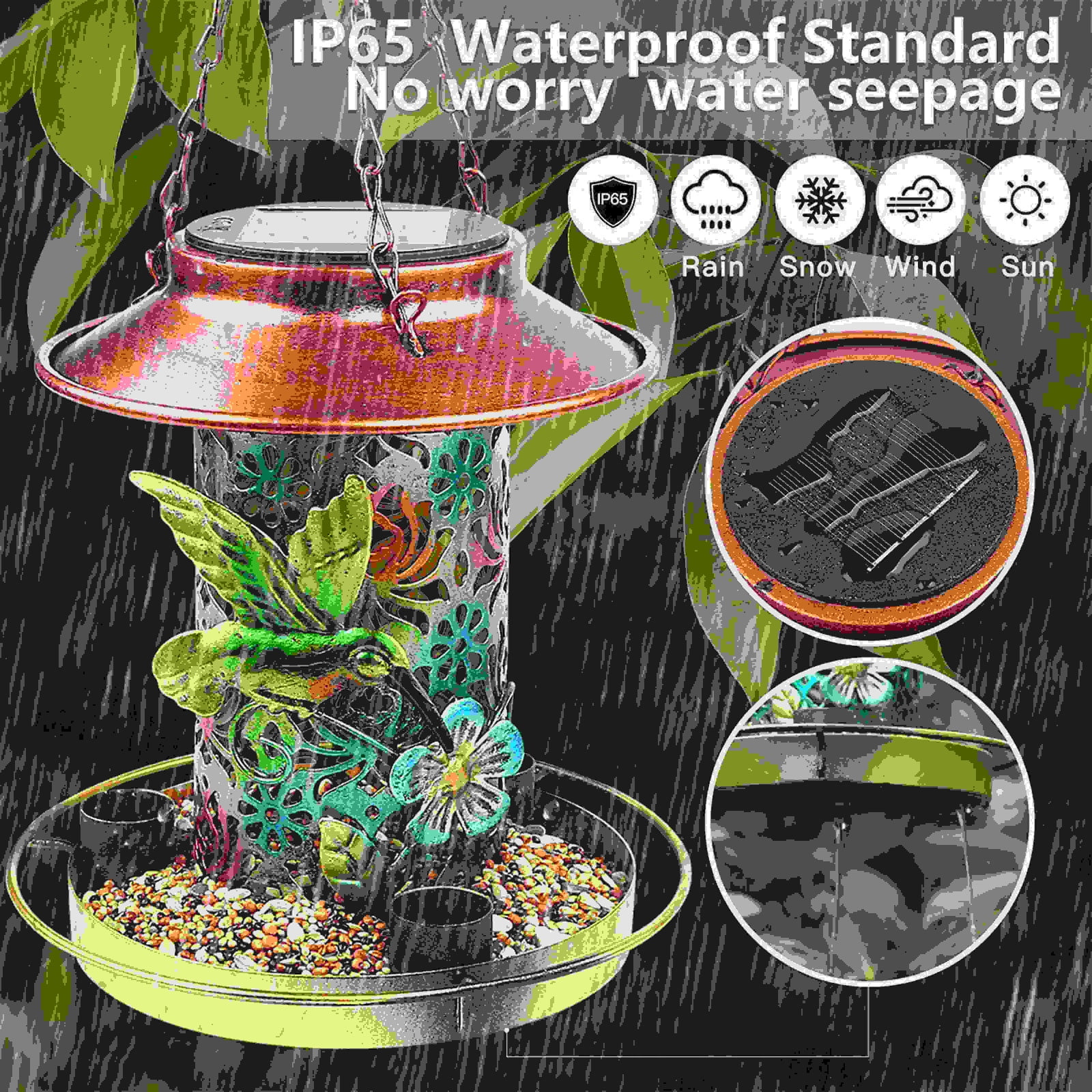 LACKUST Bird Feeders Outdoor Clearance,Antique-Style Solar LED Hanging Bird Feeder with Metal Wrought Iron,Brown