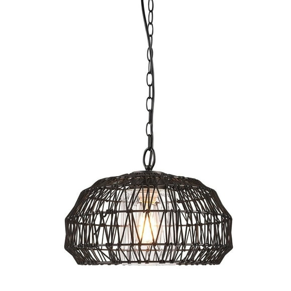 Novogratz x Globe Diego 1-Light Outdoor Plug-In Pendant Light, Black Woven Fabric Shade, Matte Black, Designer Black Fabric Hanging Cord