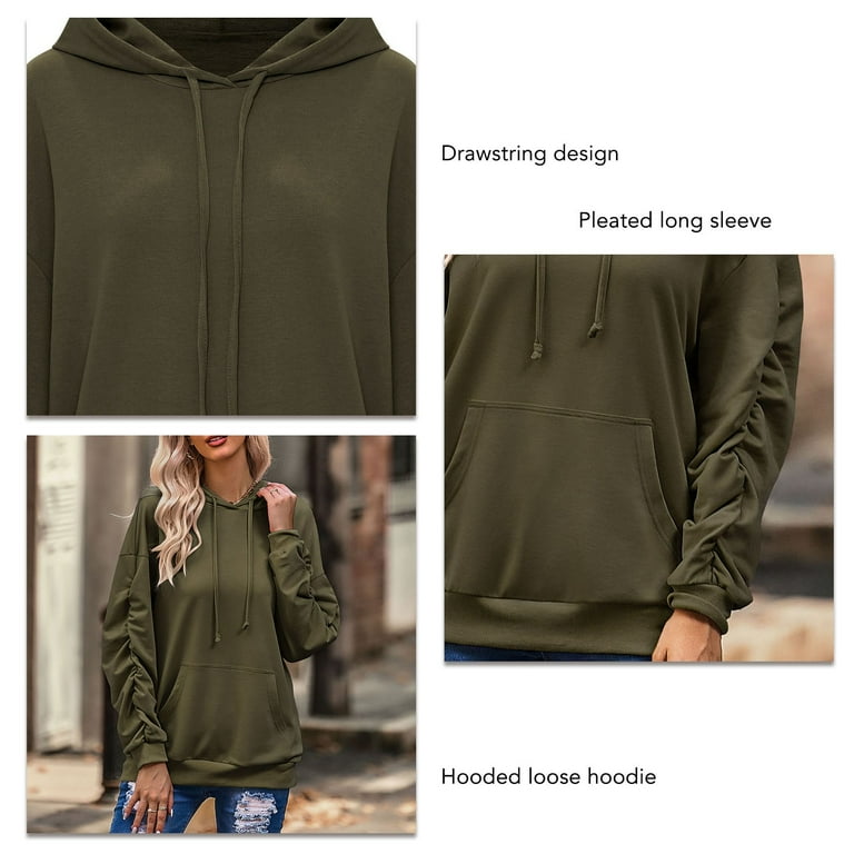 Hoodie Pleated Long Sleeve Round Neck Drawstring Pocket Pullover Hoody for Women OD Green L Quickwittc Walmart