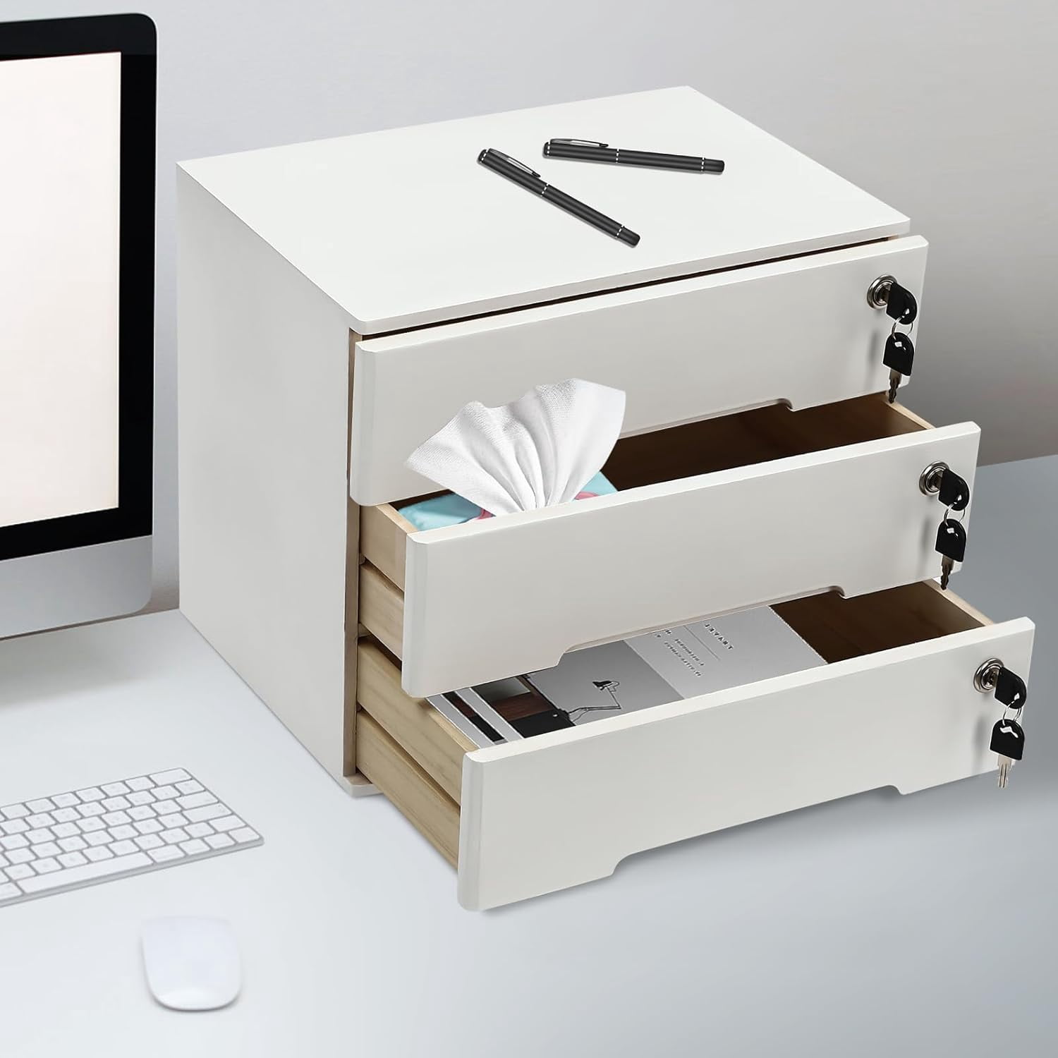 3-Drawer Desktop Storage Cabinet, White Wooden Desk Organizer Cabinet with Lockable Drawers, for Office Home Stationery & Cosmetics Storage