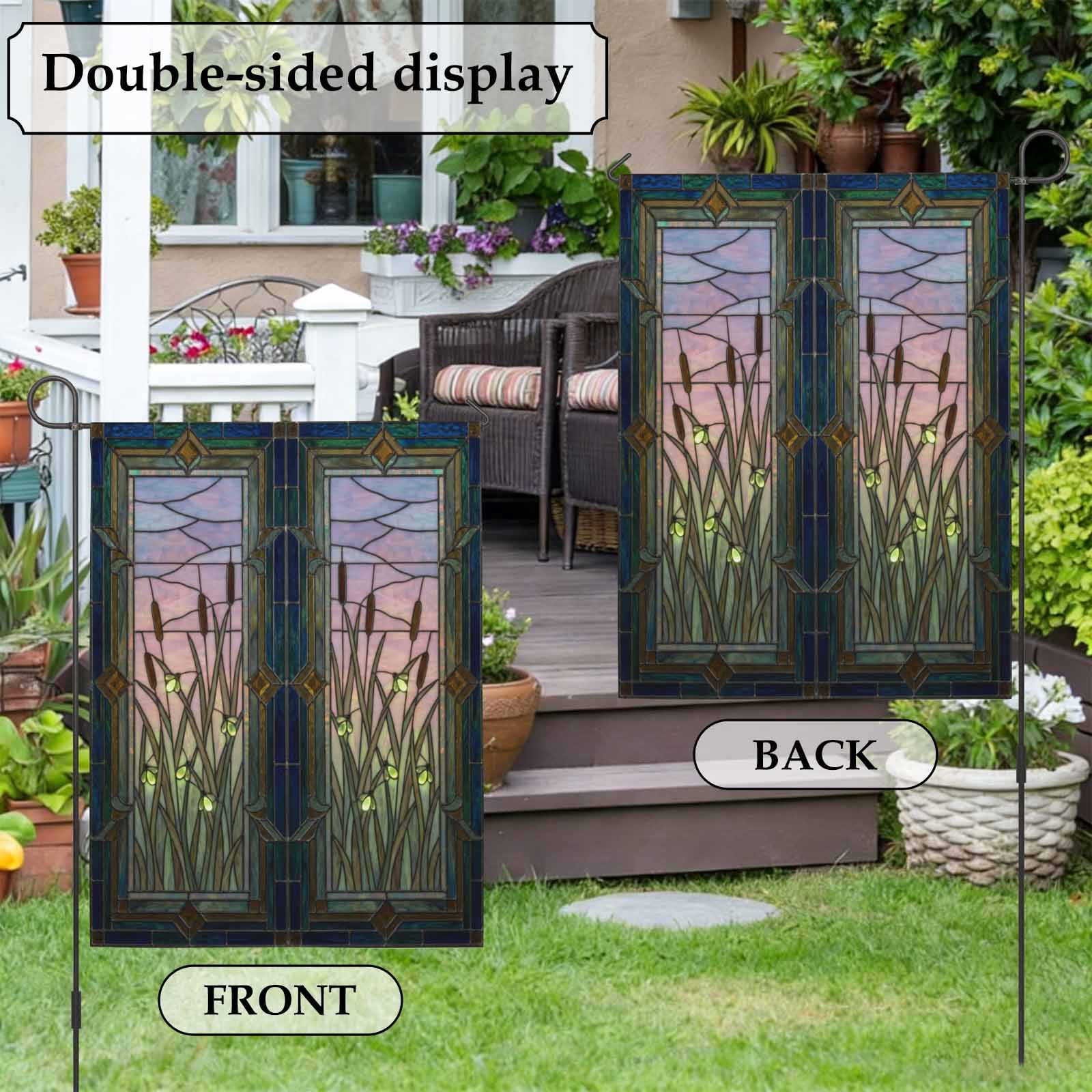 Plants Firefly House Flag 28 x 40 Inches, Retro Stained Glass Window Botanical Firefly Weather Proof Outdoor Patio Flags Double Sided Small House Decoration for Yard Lawn Outside Home