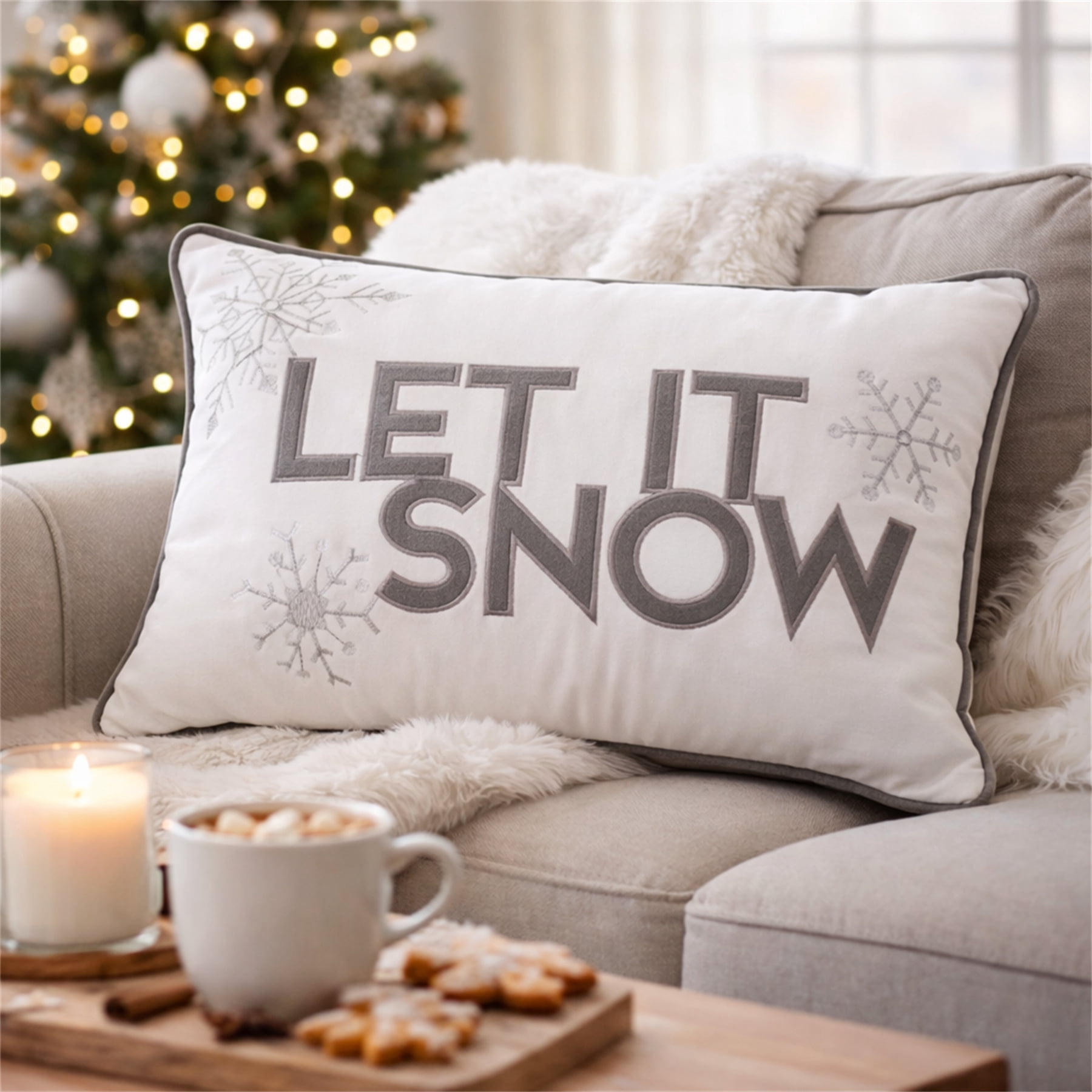 Let-It-Snow White and Gray Embroidered Snowflake Graphic Polyester 14 in. x 20 in. Decorative Throw Pillow