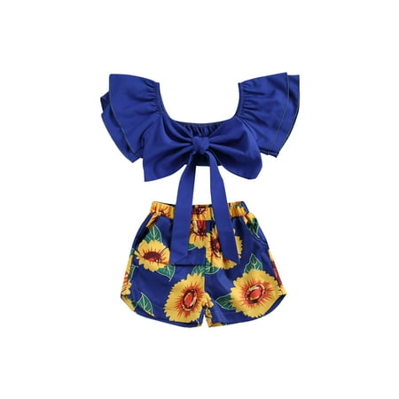 

JYYYBF 2PCS Suit for Birthday Girls Clothing Set Bowknot Cropped Tops Sunflower Print Shorts Outfits Kids Party Vacation Clothes Blue 3-4Years