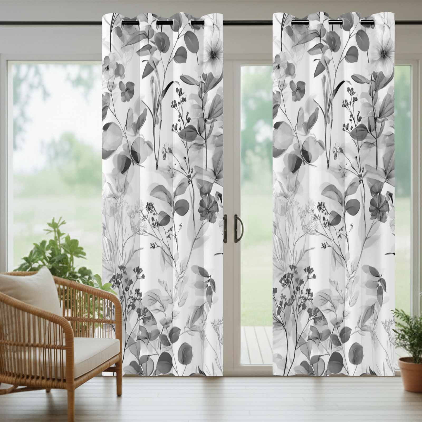 Outdoor Curtains for Patio Waterproof, Spring Flowers Windproof Pravicy Outside Porch Blackout Curtain, Vintage Country Eucalyptus Leaves Plants Sun Blocking Grommets Curtains 2 Panels 54"x95"